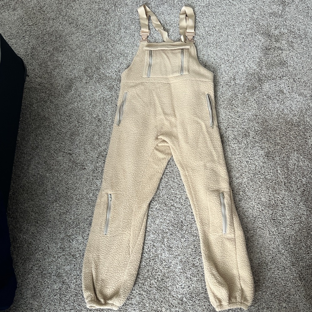 Beige Sherpa Fleece Overalls Jumpsuit